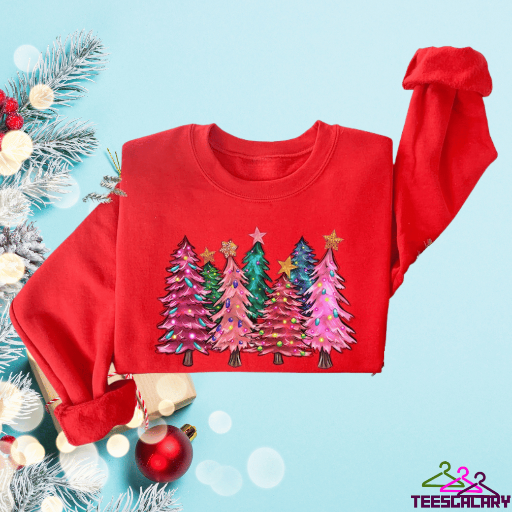 Pink Tree Christmas Crewneck Sweatshirt for Women