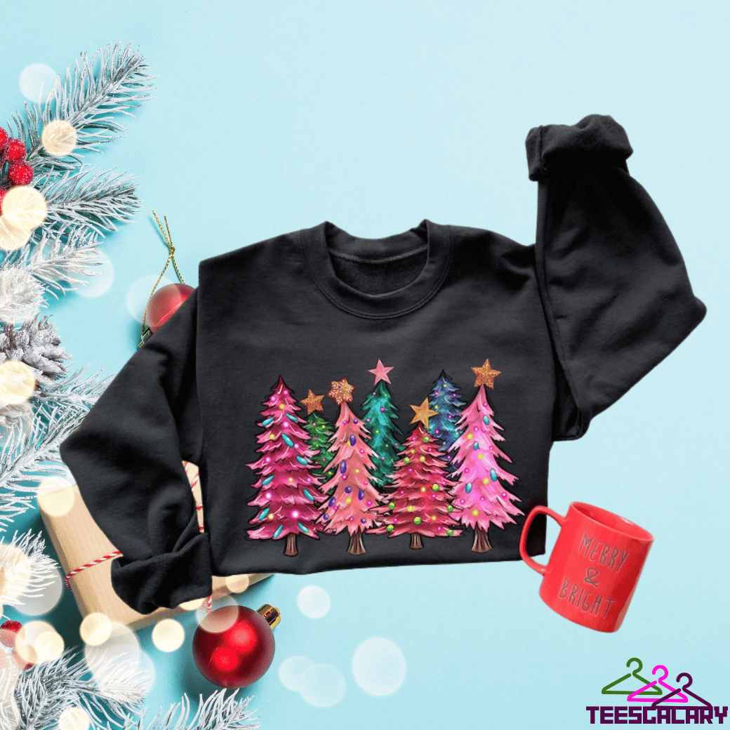 Pink Tree Christmas Crewneck Sweatshirt for Women